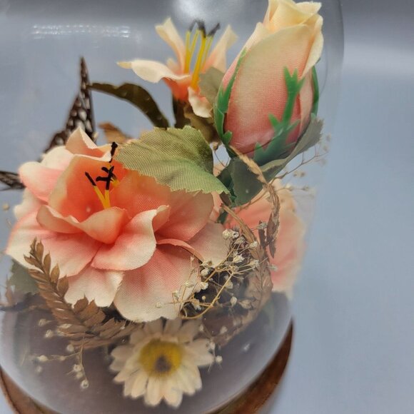 Vintage Decorative Glass Dome Terrarium Diorama Butterfly Flowers Wood Base - Picture 9 of 12